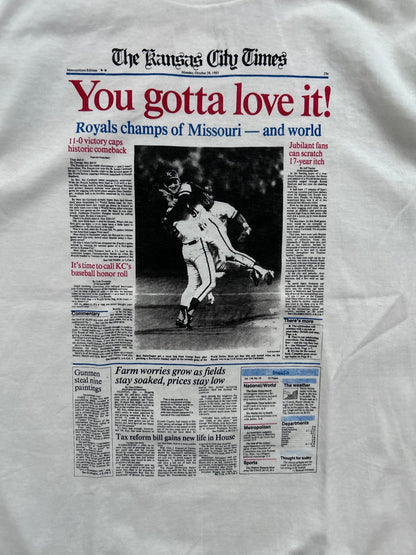 1985 Vintage Kansas City Royals World Series Champs Newspaper White T Shirt - M - M | Martin City Vintage