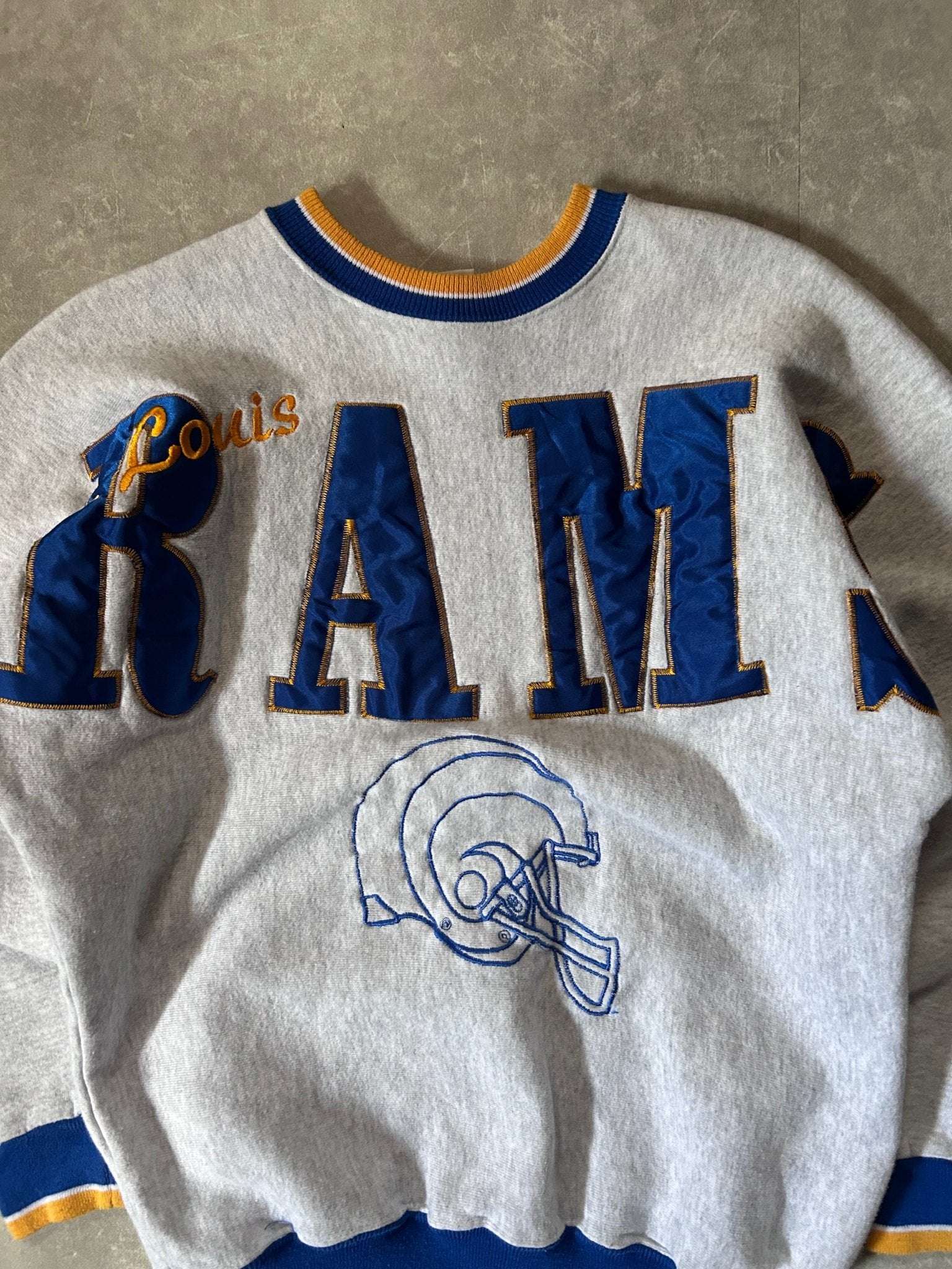 90s Vintage St. Louis Rams Spellout Heather Gray Crewneck - M - M | Martin City Vintage