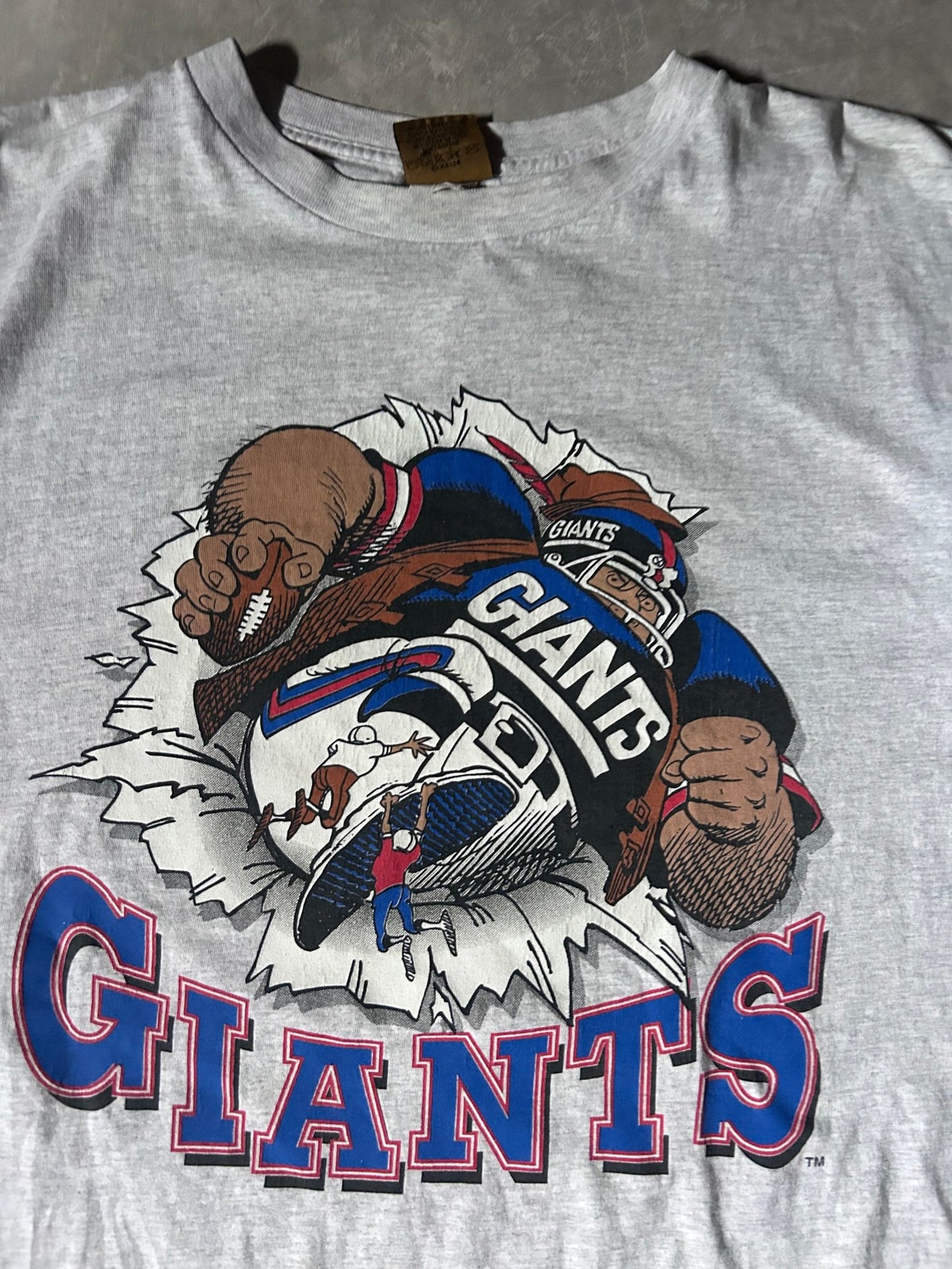 90's Vintage New York Giants Jack Davis Break Through Heather Gray T-Shirt - XL - XL | Martin City Vintage
