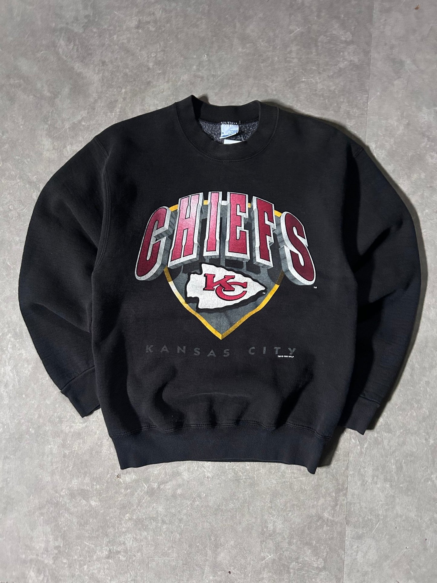 90's Vintage Kansas City Chiefs Big Print Black Crewneck - M - M | Martin City Vintage
