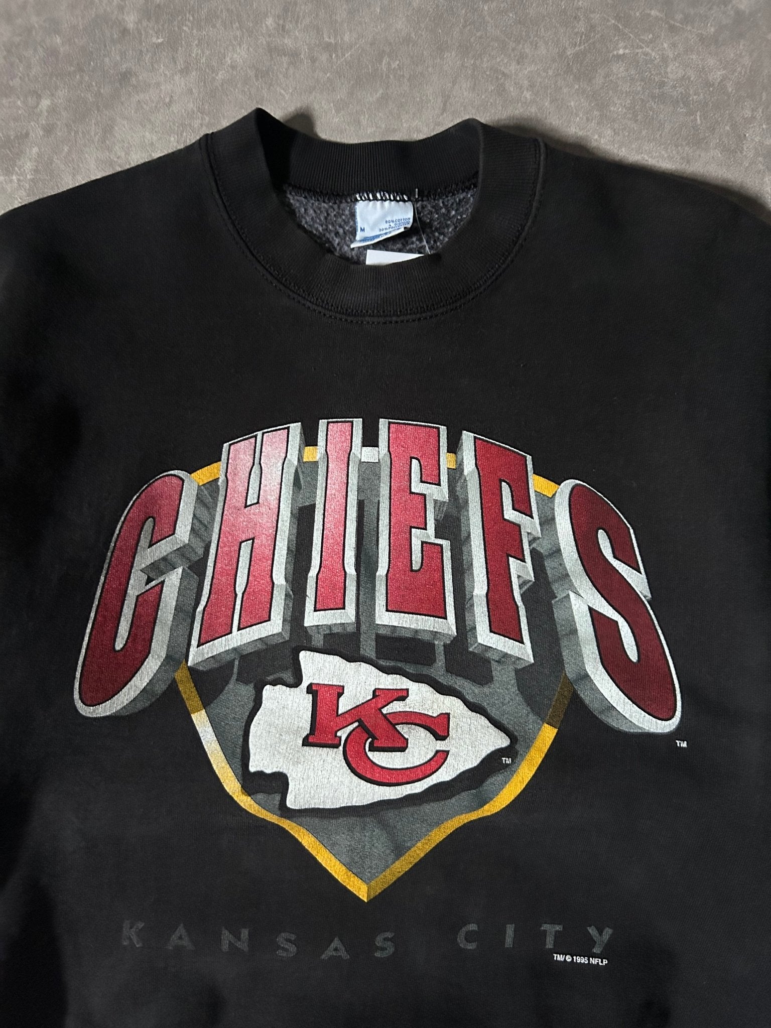 90's Vintage Kansas City Chiefs Big Print Black Crewneck - M - M | Martin City Vintage