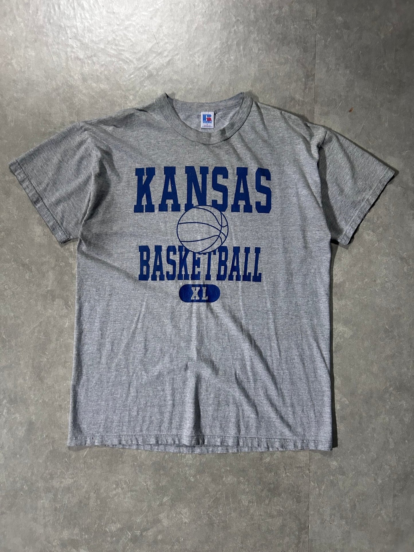 90's Vintage Kansas Jayhawk Basketball Russell Grey T-Shirt - L - L | Martin City Vintage
