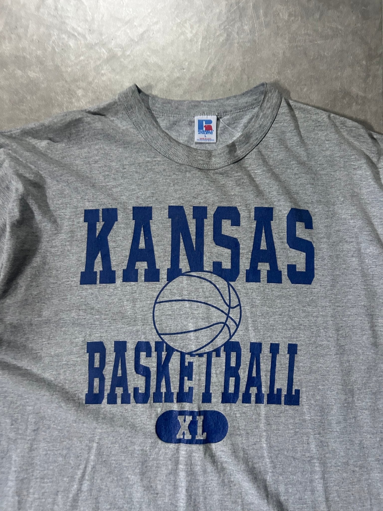 90's Vintage Kansas Jayhawk Basketball Russell Grey T-Shirt - L - L | Martin City Vintage