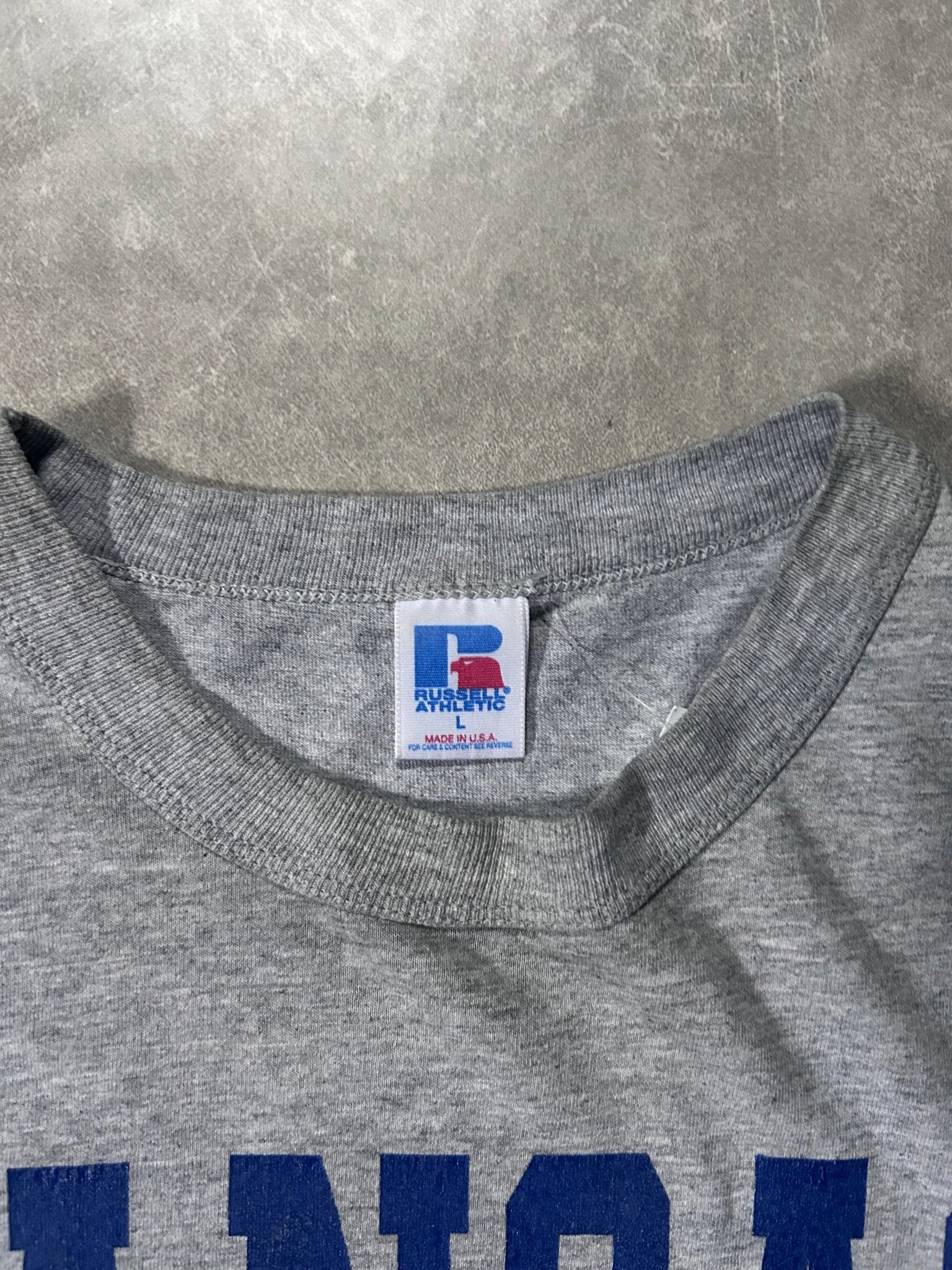 90's Vintage Kansas Jayhawk Basketball Russell Grey T-Shirt - L - L | Martin City Vintage