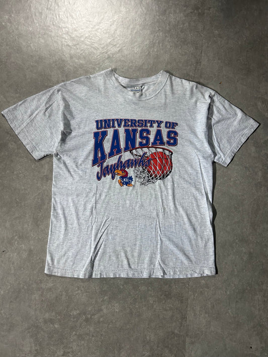 90's Vintage Kansas Jayhawk Basketball Heather Grey T-Shirt - XL - XL | Martin City Vintage