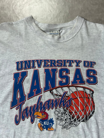 90's Vintage Kansas Jayhawk Basketball Heather Grey T-Shirt - XL - XL | Martin City Vintage