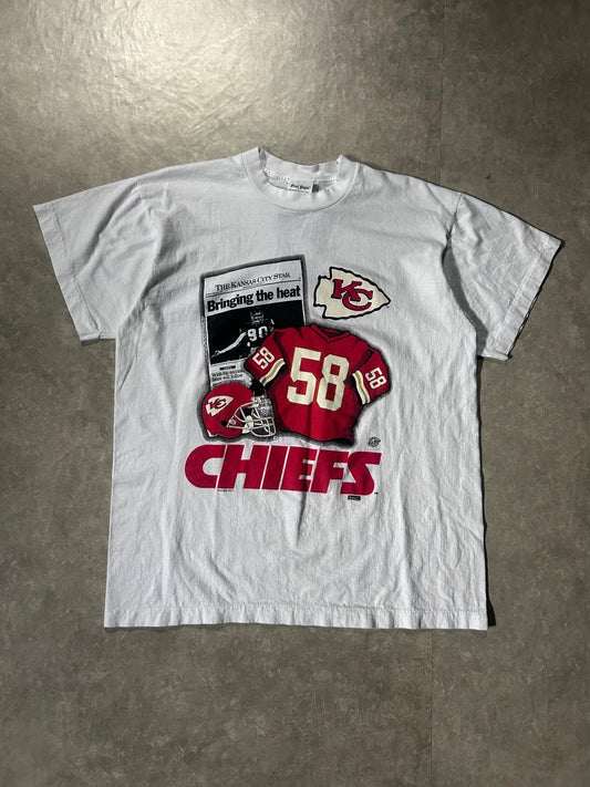 1999 Vintage Kansas City Chiefs Derrick Thomas Newspaper White T-Shirt - XL - XL | Martin City Vintage