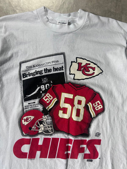1999 Vintage Kansas City Chiefs Derrick Thomas Newspaper White T-Shirt - XL - XL | Martin City Vintage