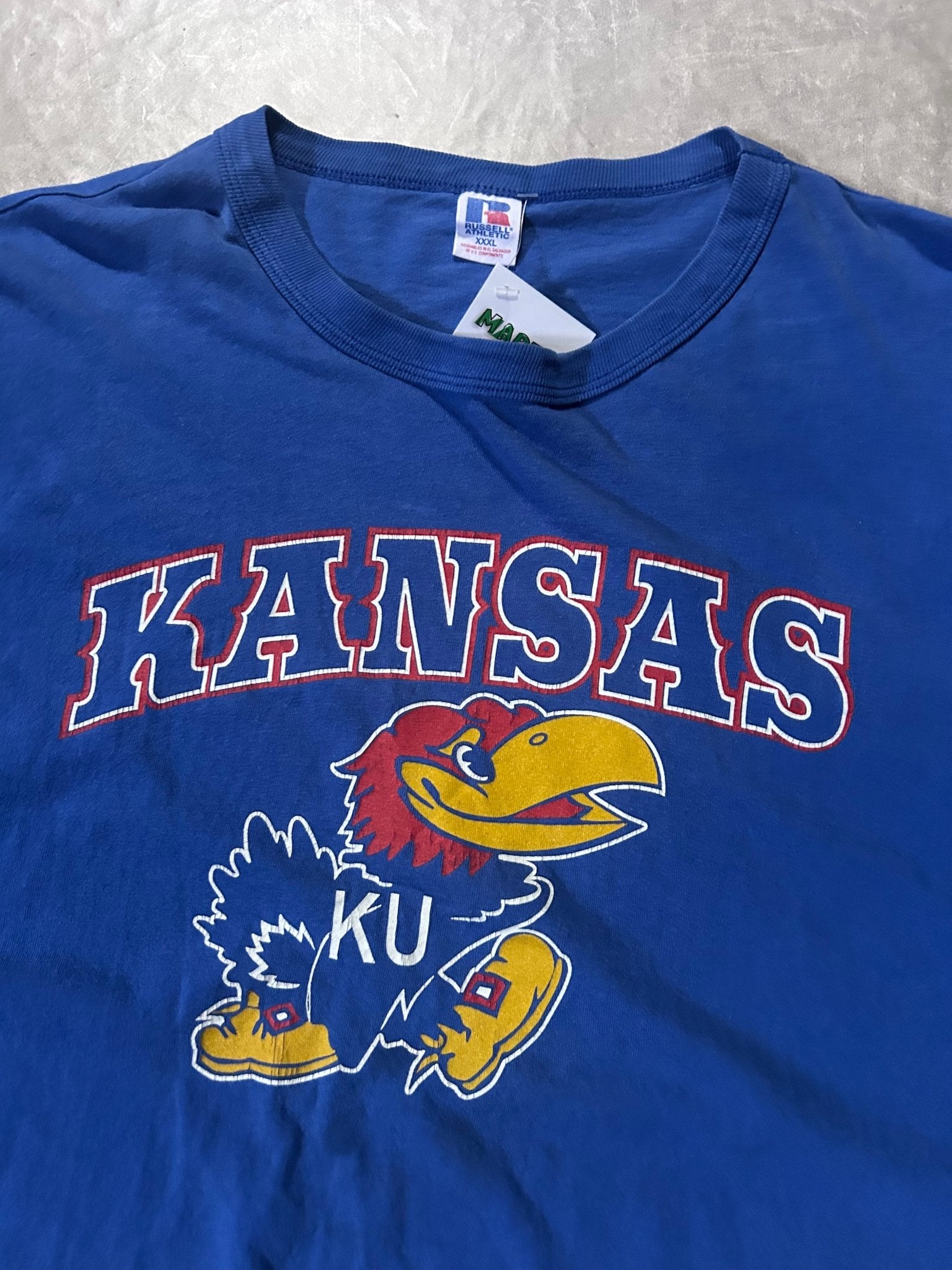 90's Vintage Kansas Jayhawks Russell Blue T-Shirt - XXXL - XXXL | Martin City Vintage