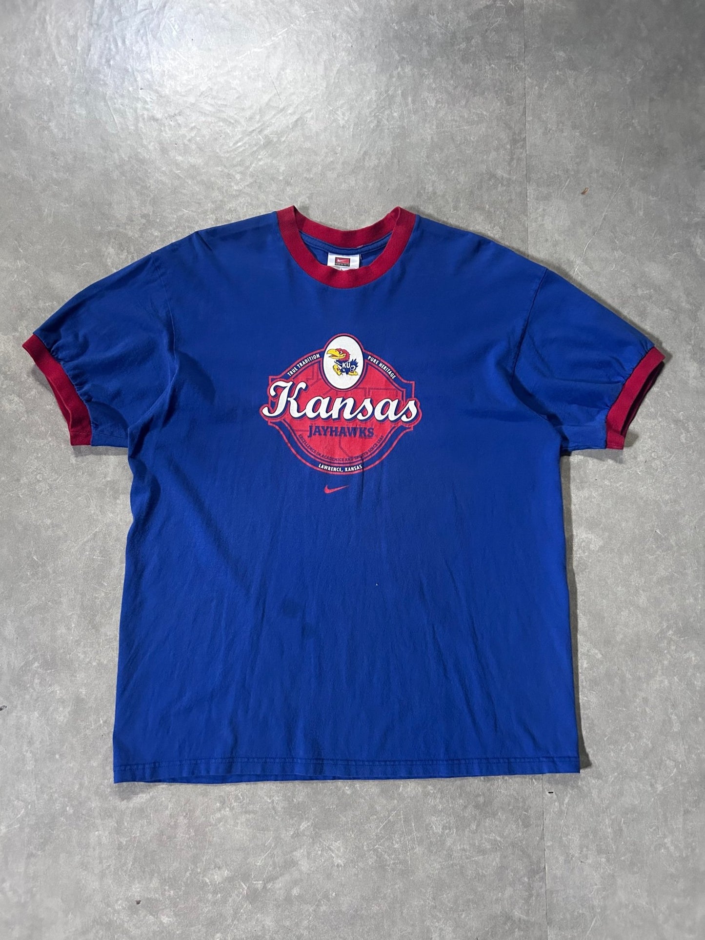 2000's Vintage Kansas Jayhawks Nike Blue Ringer T-Shirt - L - L | Martin City Vintage