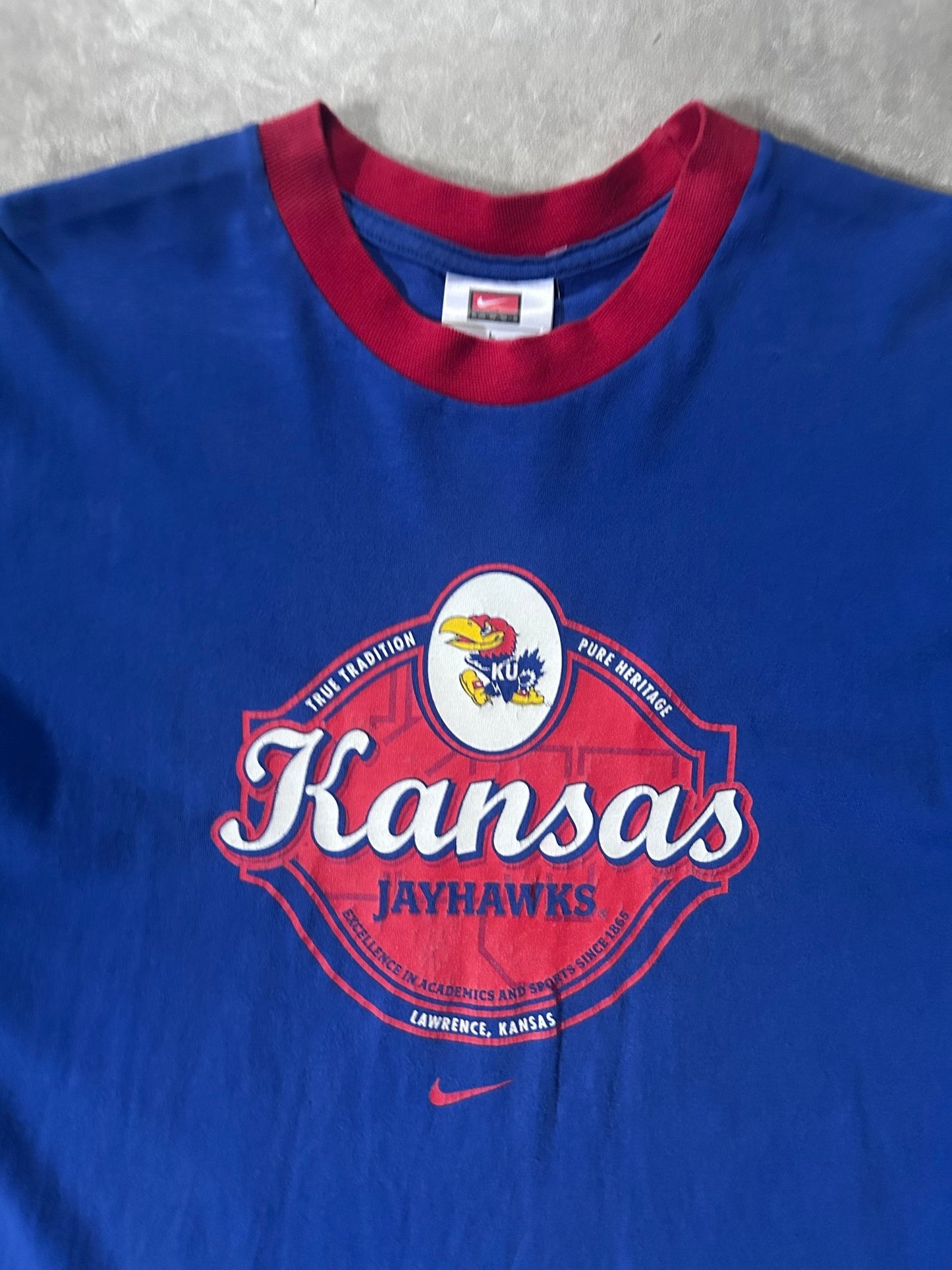 2000's Vintage Kansas Jayhawks Nike Blue Ringer T-Shirt - L - L | Martin City Vintage
