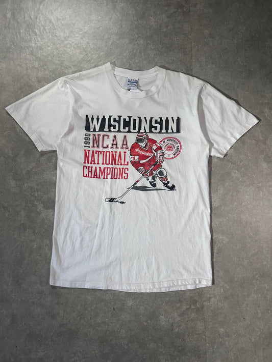 1990 Vintage Wisconsin Badgers Hockey National Champions White T-Shirt - L - L | Martin City Vintage