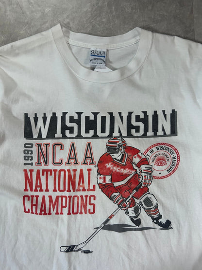 1990 Vintage Wisconsin Badgers Hockey National Champions White T-Shirt - L - L | Martin City Vintage