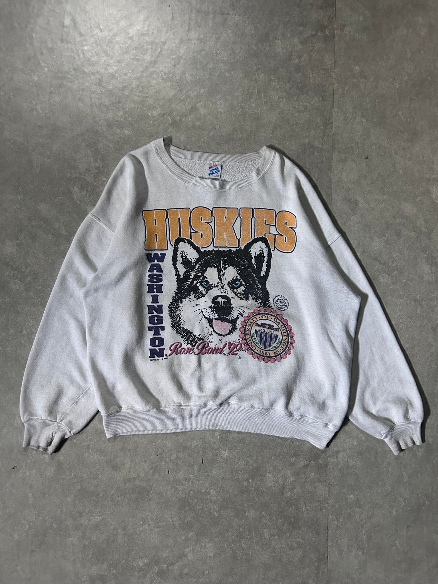 1992 Vintage Washington Huskies Rose Bowl Distressed White Crewneck - XL - XL | Martin City Vintage