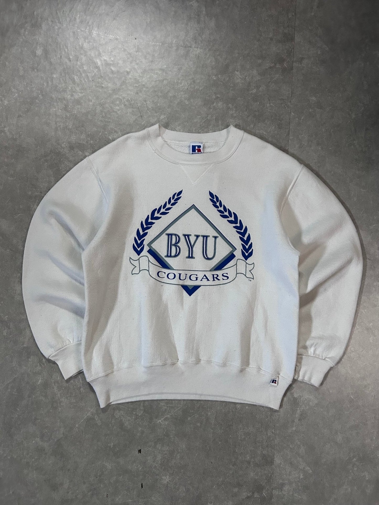 90's Vintage BYU Cougars Russell White Crewneck - M - M | Martin City Vintage