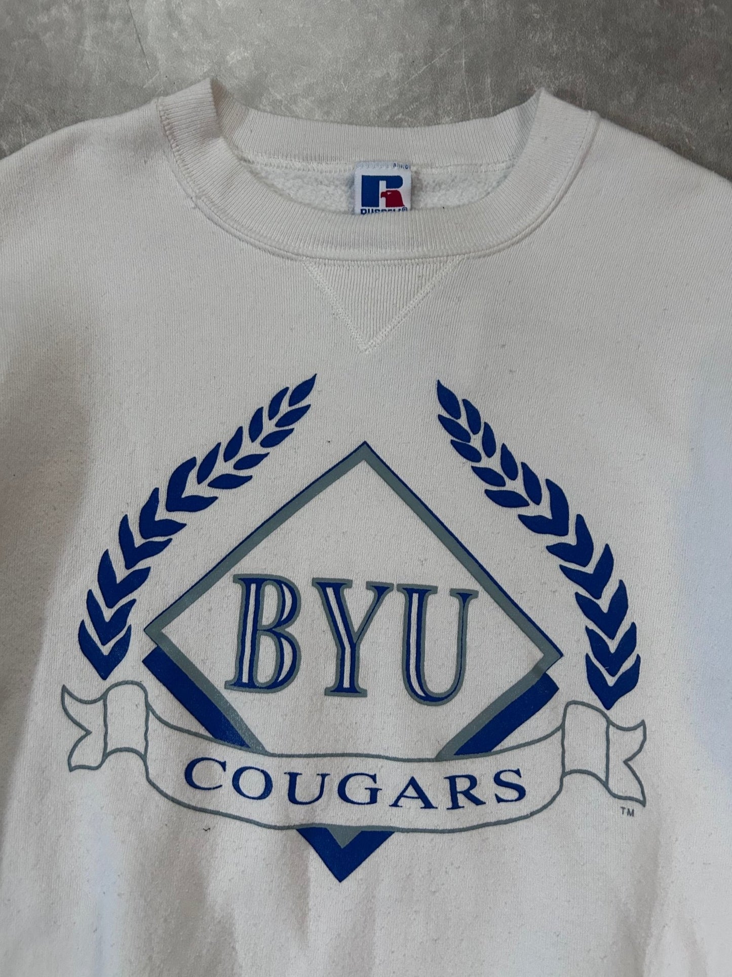 90's Vintage BYU Cougars Russell White Crewneck - M - M | Martin City Vintage