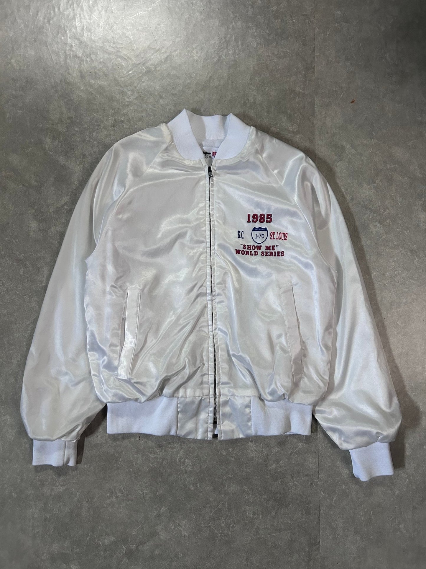 1985 Vintage I - 70 Series Kansas City Royals Vs. St. Louis Cardinals White Satin Jacket - M - M | Martin City Vintage