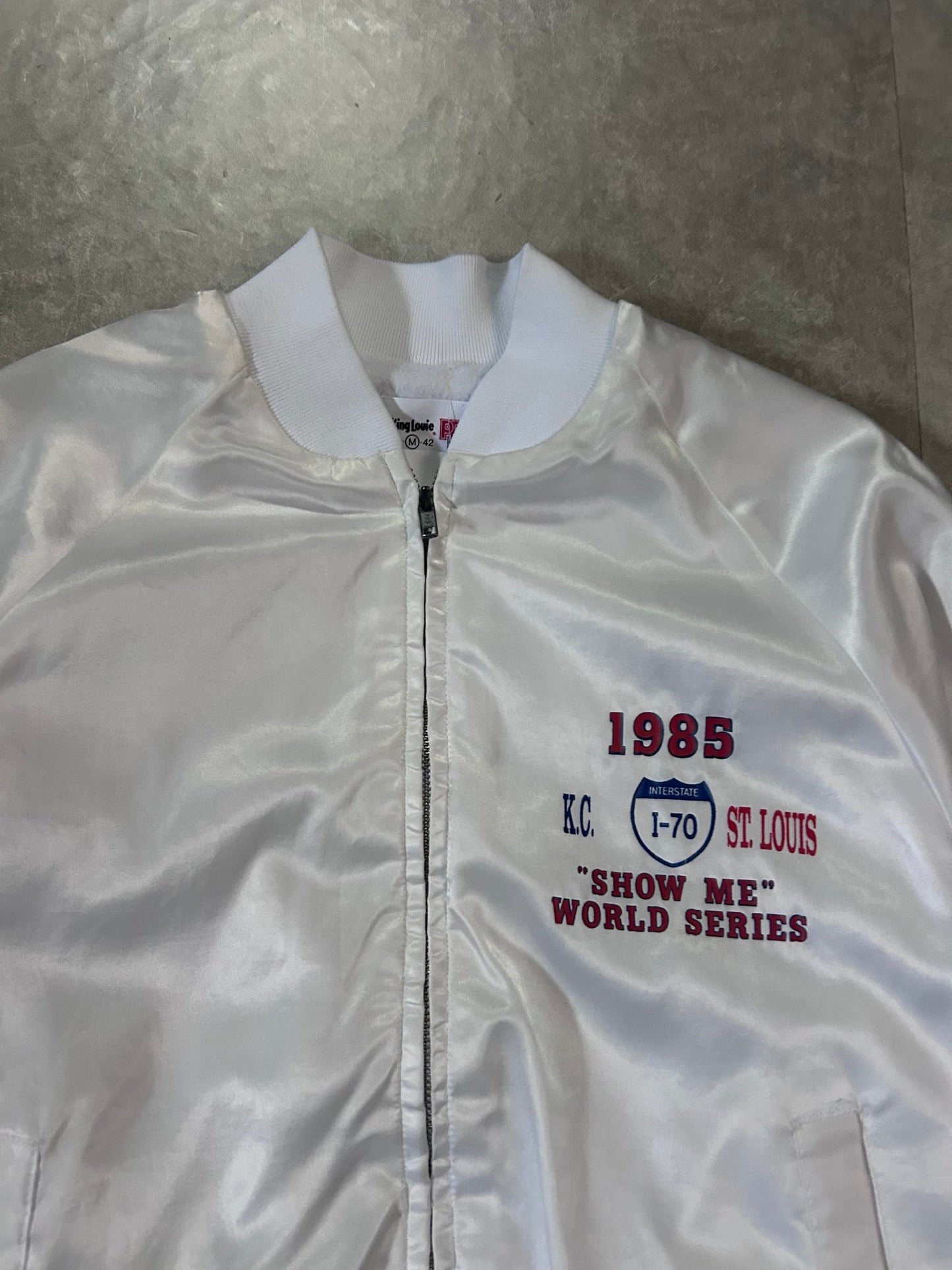 1985 Vintage I - 70 Series Kansas City Royals Vs. St. Louis Cardinals White Satin Jacket - M - M | Martin City Vintage