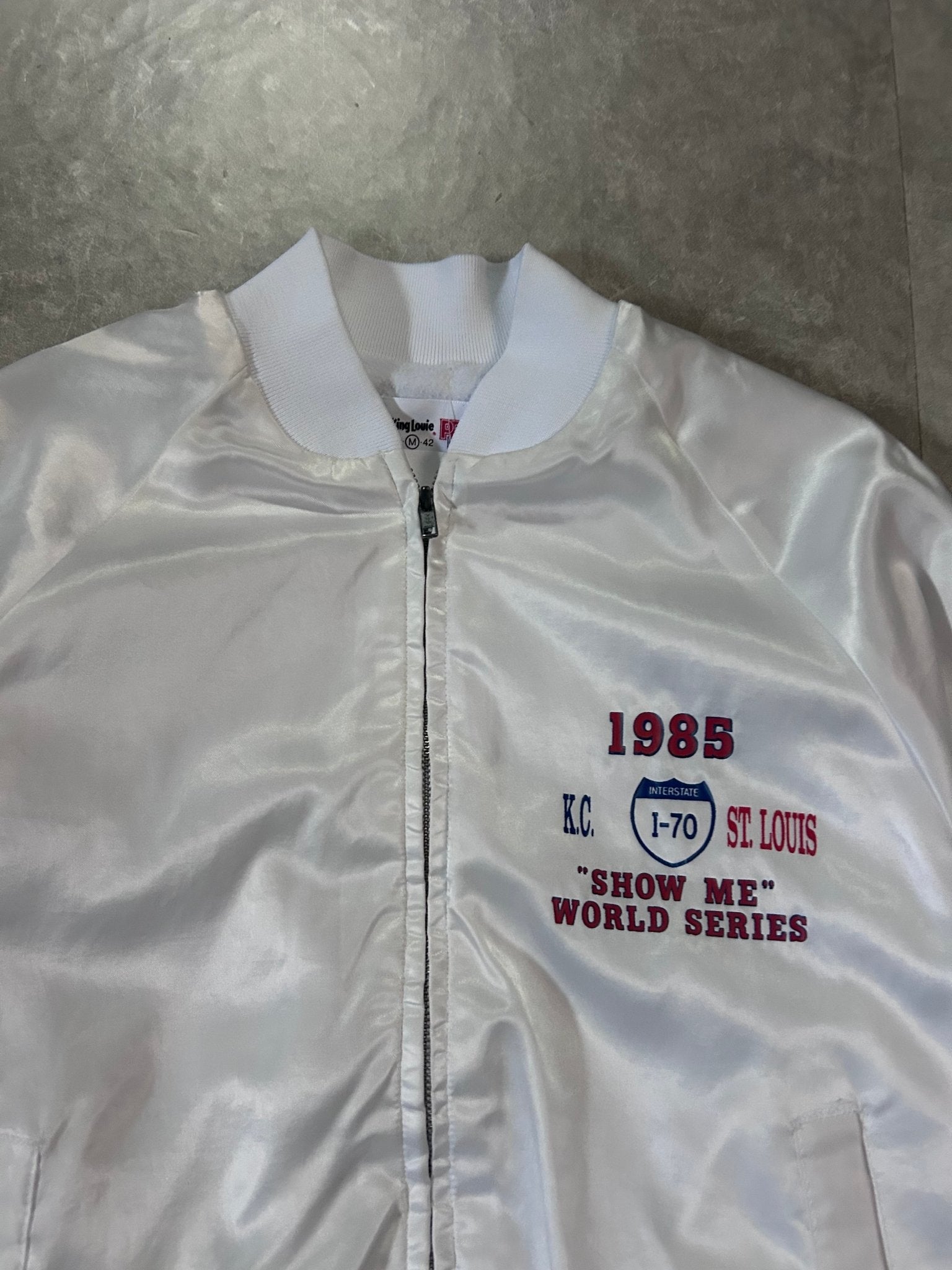1985 Vintage I - 70 Series Kansas City Royals Vs. St. Louis Cardinals White Satin Jacket - M - M | Martin City Vintage