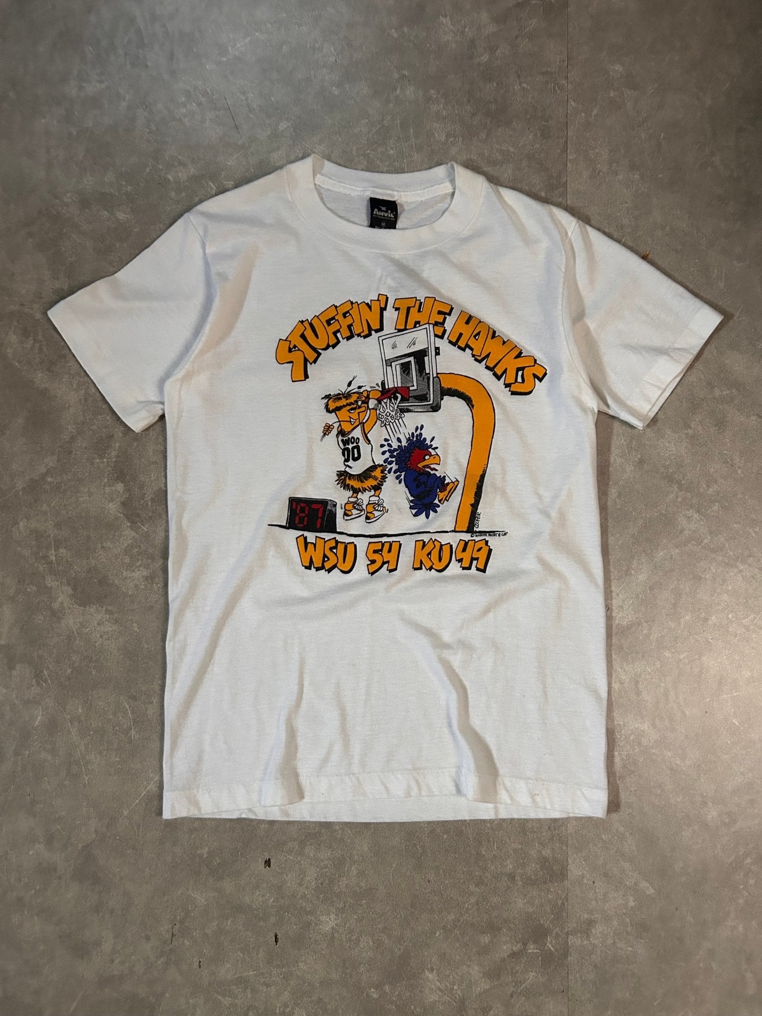 1987 Vintage Wichita State "Stuffin' the Hawks" White T-Shirt - M - M | Martin City Vintage