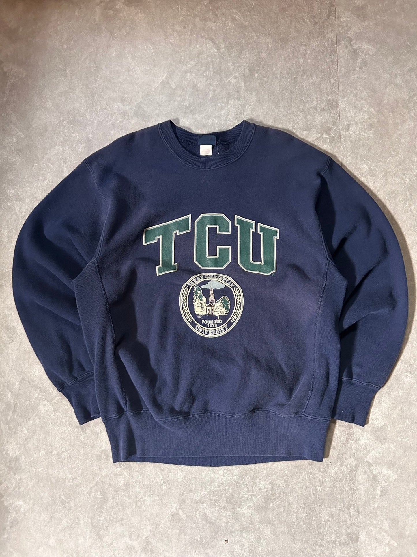 90's Vintage Texas Christian University Crest Navy Crewneck - XL - XL | Martin City Vintage