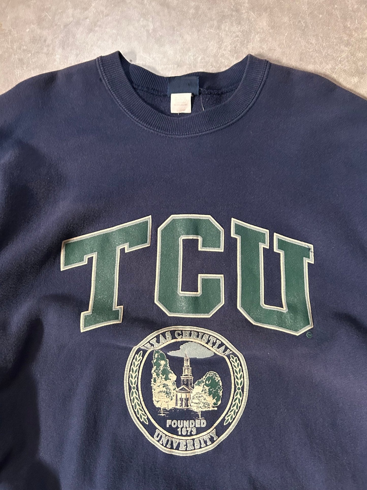 90's Vintage Texas Christian University Crest Navy Crewneck - XL - XL | Martin City Vintage