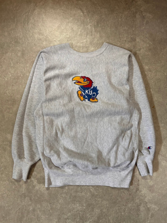 90's Vintage Kansas Jayhawks Champion Reverse Weave Heather Grey Crewneck - XL - XL | Martin City Vintage