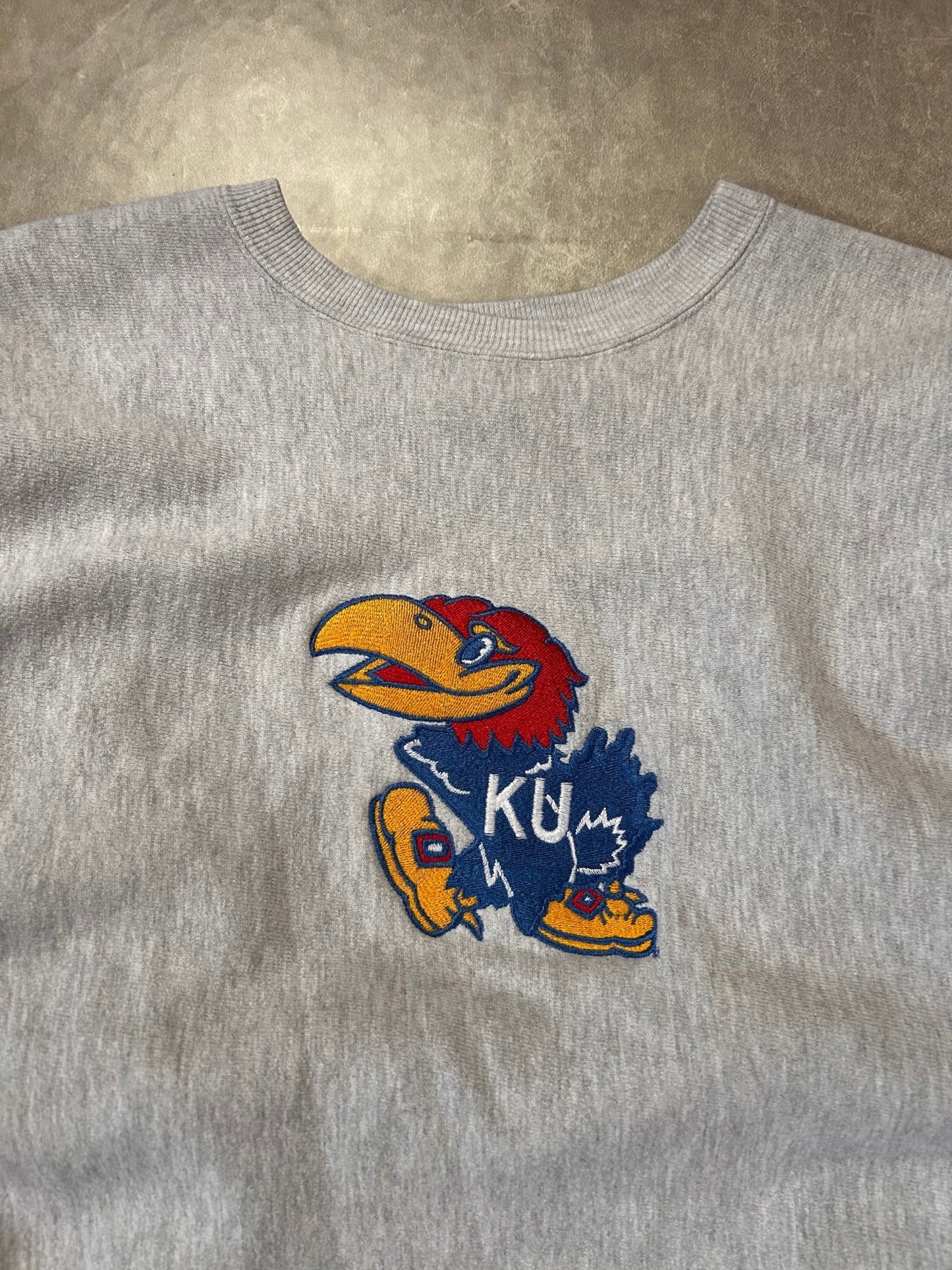 90's Vintage Kansas Jayhawks Champion Reverse Weave Heather Grey Crewneck - XL - XL | Martin City Vintage