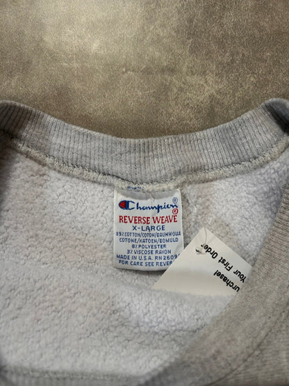 90's Vintage Kansas Jayhawks Champion Reverse Weave Heather Grey Crewneck - XL - XL | Martin City Vintage