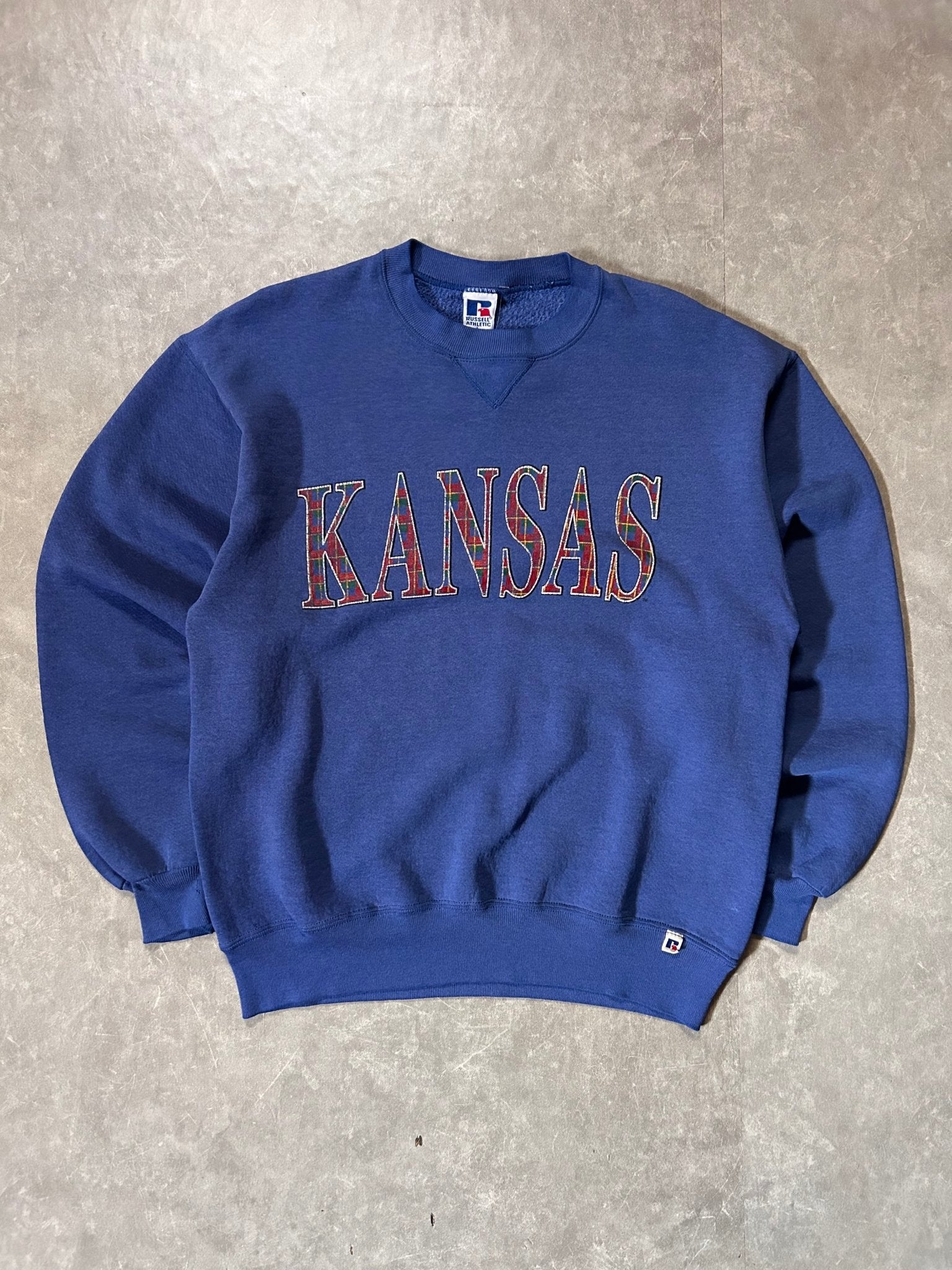 90's Vintage Kansas Jayhawks Plaid Blue Crewneck - L - L | Martin City Vintage