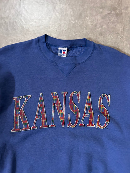 90's Vintage Kansas Jayhawks Plaid Blue Crewneck - L - L | Martin City Vintage