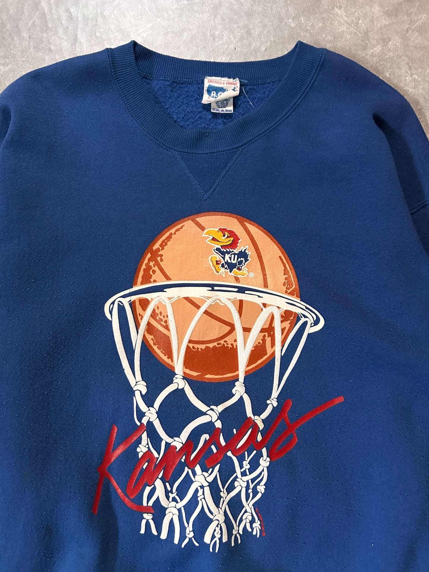 90's Vintage Kansas Jayhawk Basketball Blue Crewneck - XL - XL | Martin City Vintage