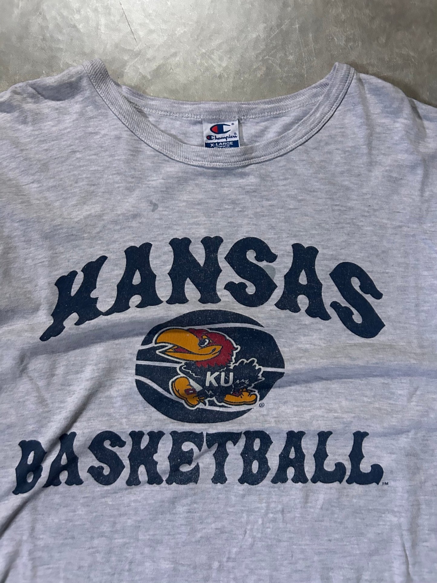 90's Vintage Kansas Jayhawk Basketball Champion Heather Grey T-Shirt - XL - XL | Martin City Vintage