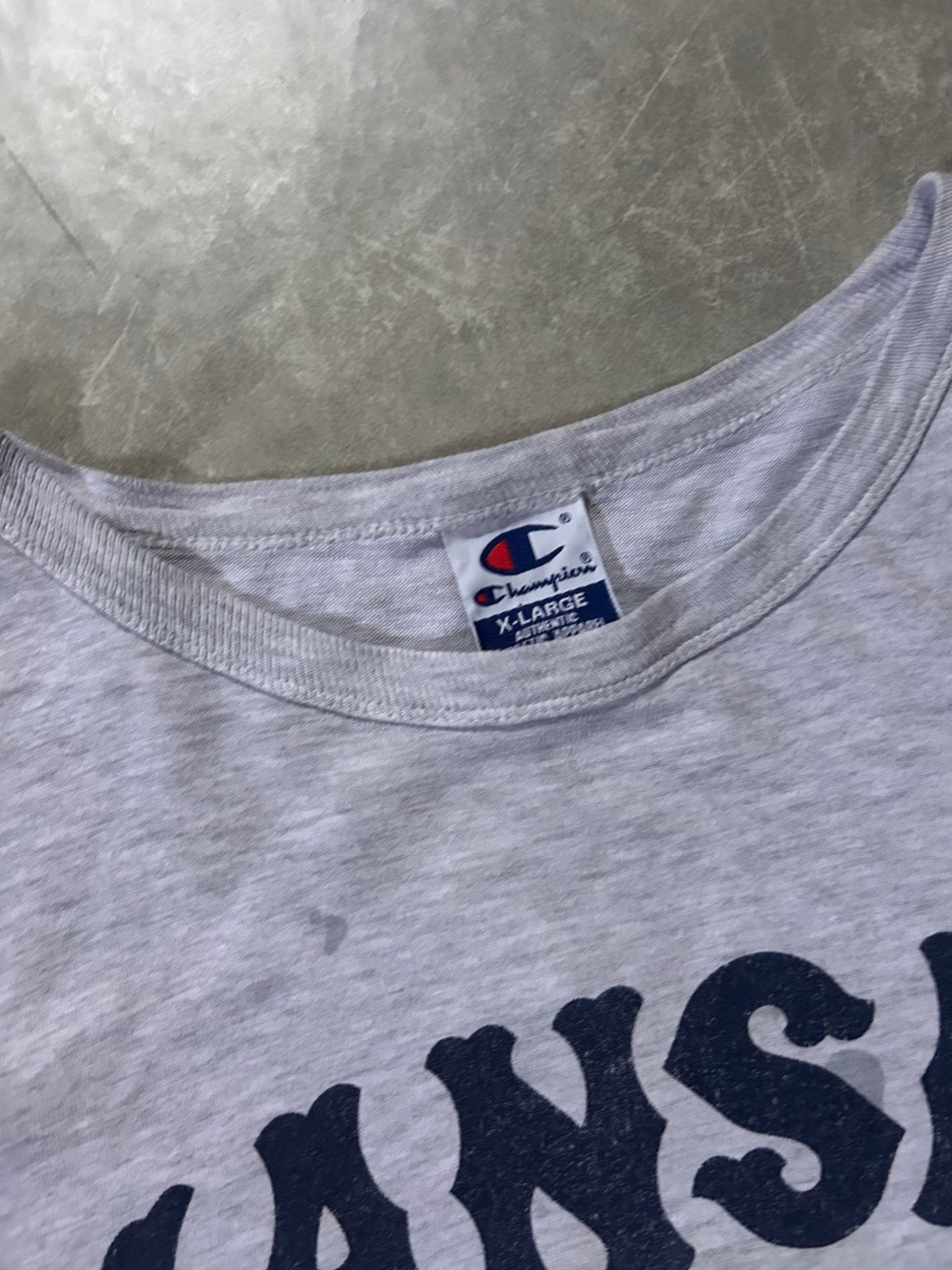 90's Vintage Kansas Jayhawk Basketball Champion Heather Grey T-Shirt - XL - XL | Martin City Vintage