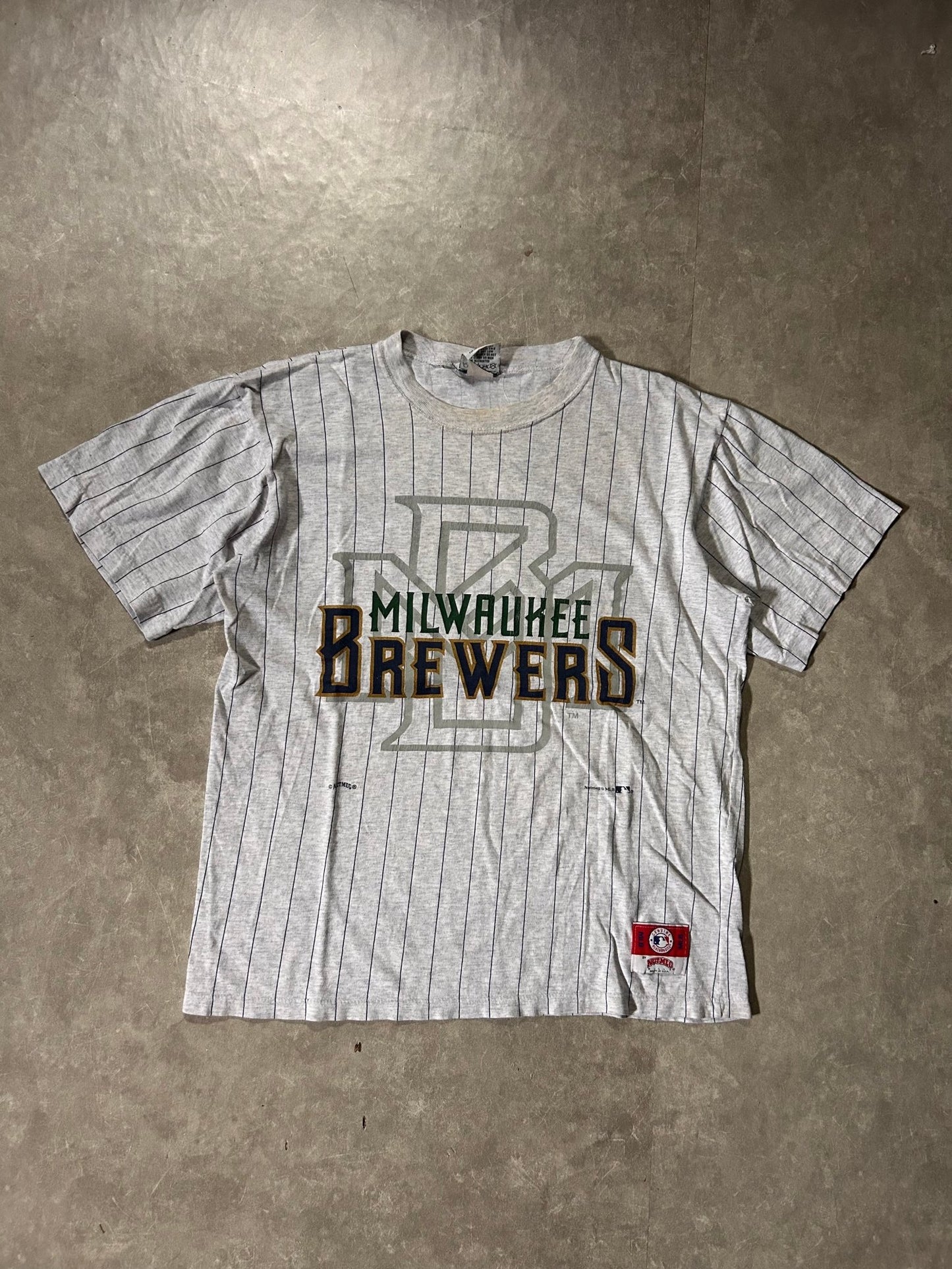 90's Vintage Milwaukee Brewers Pinstripe Heather Grey T-Shirt - M - M | Martin City Vintage