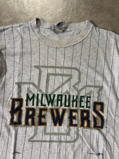90's Vintage Milwaukee Brewers Pinstripe Heather Grey T-Shirt - M - M | Martin City Vintage