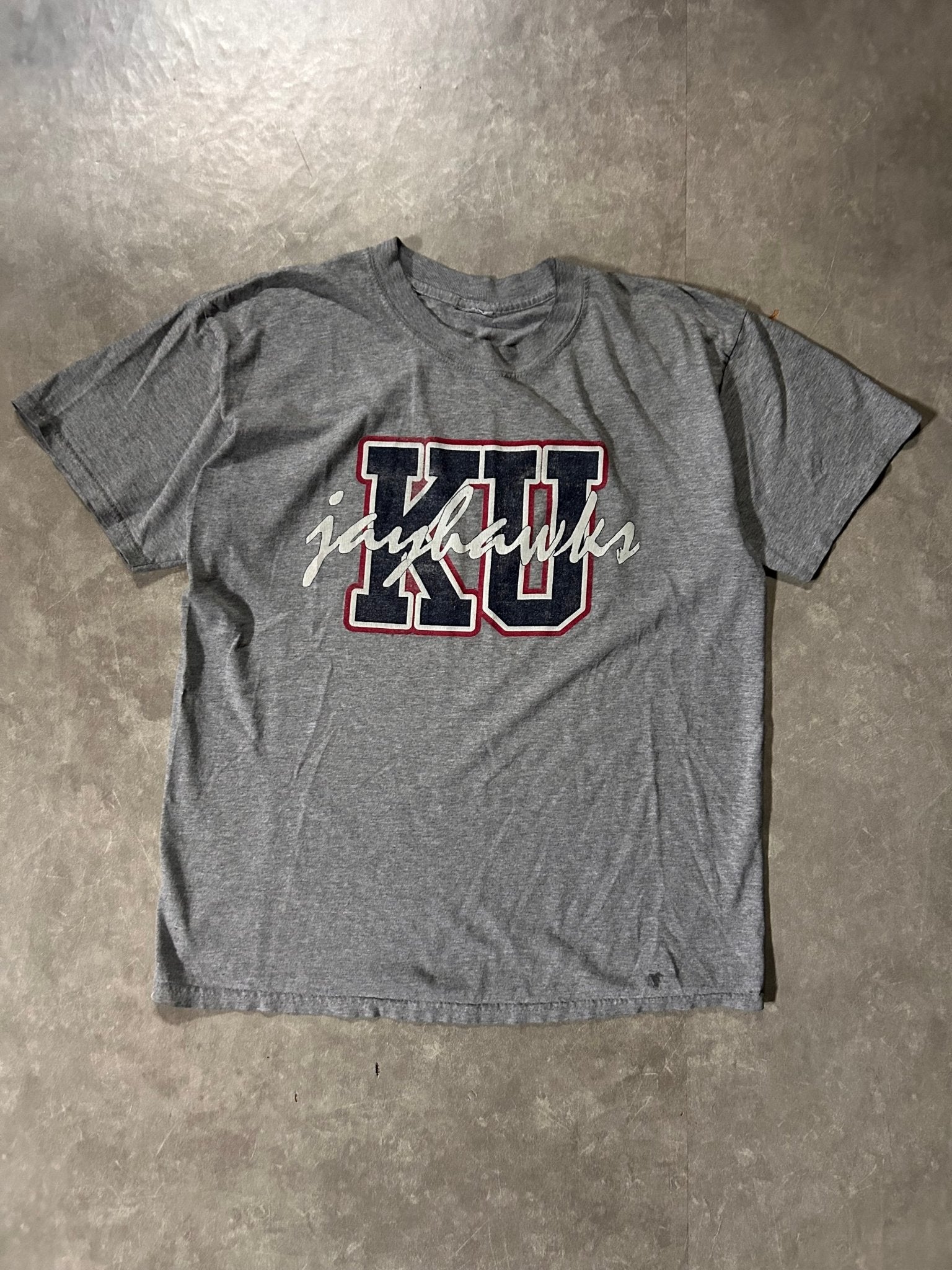 90's Vintage Kansas Jayhawks Block Letters Grey T-Shirt - L - L | Martin City Vintage