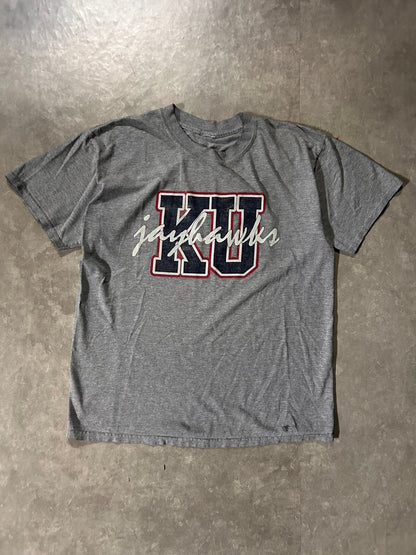 90's Vintage Kansas Jayhawks Block Letters Grey T-Shirt - L - L | Martin City Vintage