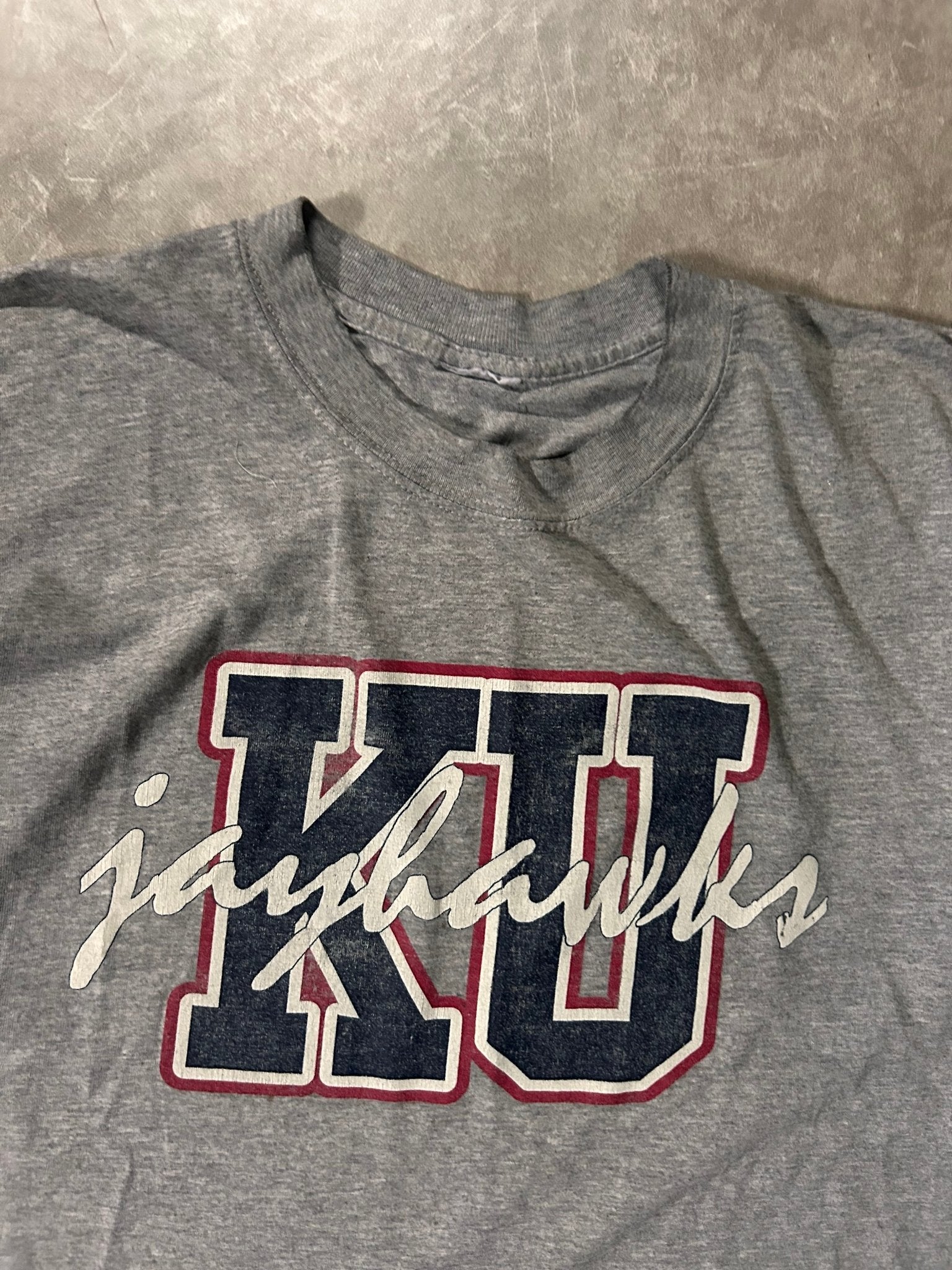 90's Vintage Kansas Jayhawks Block Letters Grey T-Shirt - L - L | Martin City Vintage