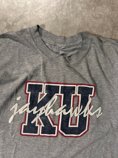 90's Vintage Kansas Jayhawks Block Letters Grey T-Shirt - L - L | Martin City Vintage