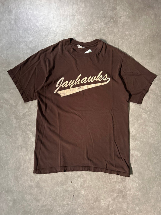 90's Vintage Kansas Jayhawks Script Brown T-Shirt - L - L | Martin City Vintage