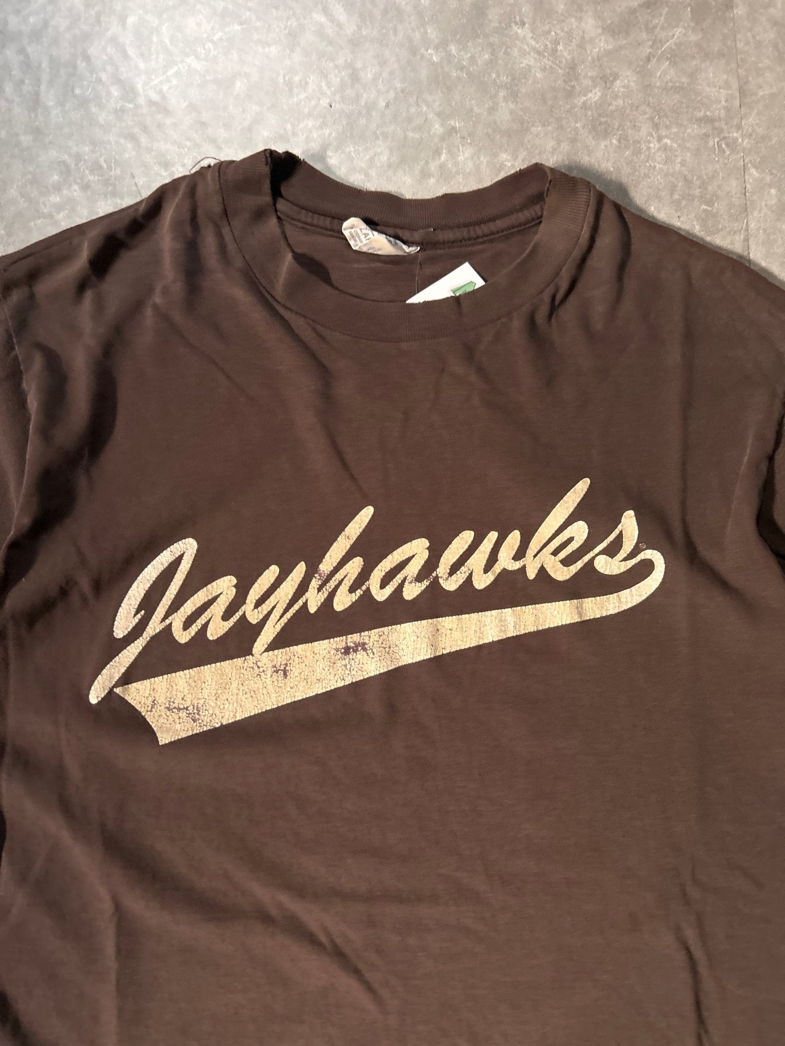90's Vintage Kansas Jayhawks Script Brown T-Shirt - L - L | Martin City Vintage