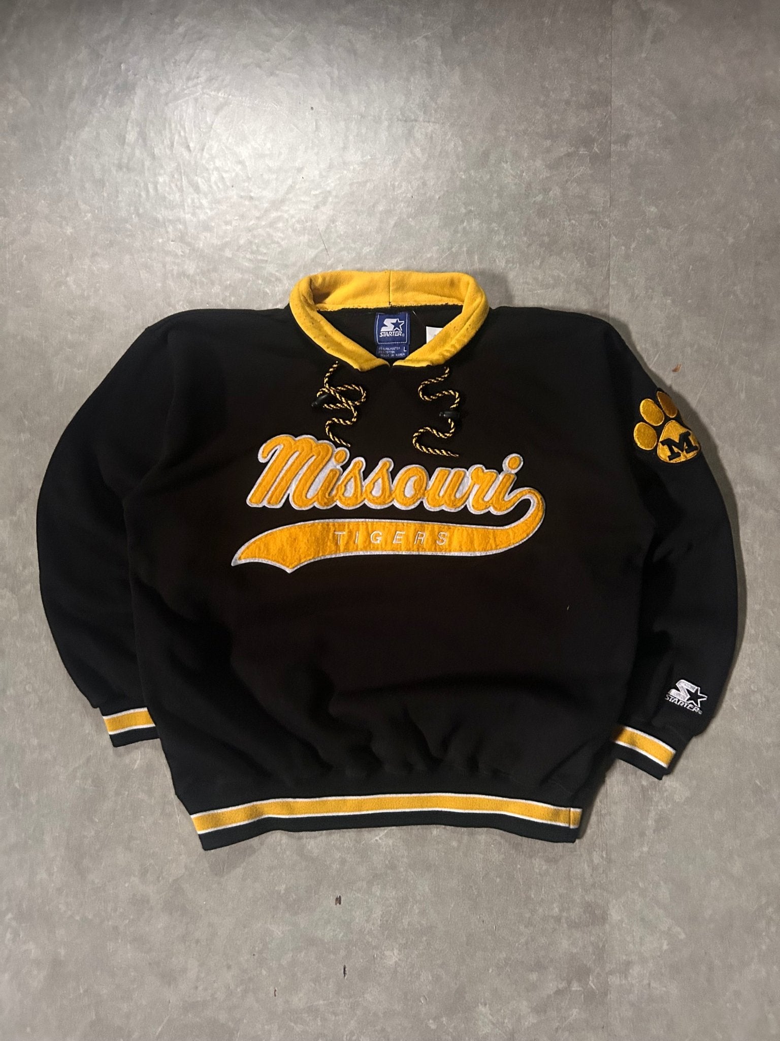 90's Vintage Missouri Tigers Starter Script Black Crewneck - L - L | Martin City Vintage