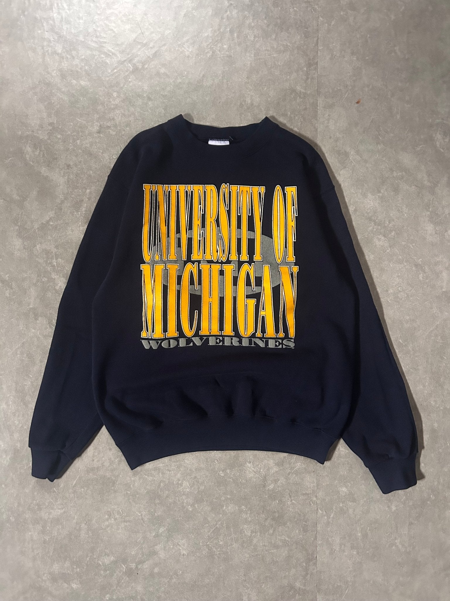 90's Vintage Michigan Wolverines Big Print Navy Crewneck - M - M | Martin City Vintage