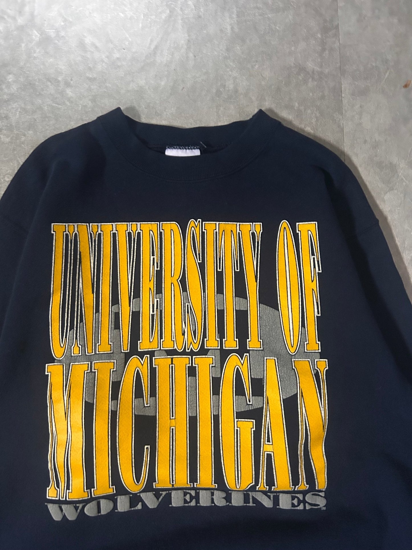 90's Vintage Michigan Wolverines Big Print Navy Crewneck - M - M | Martin City Vintage