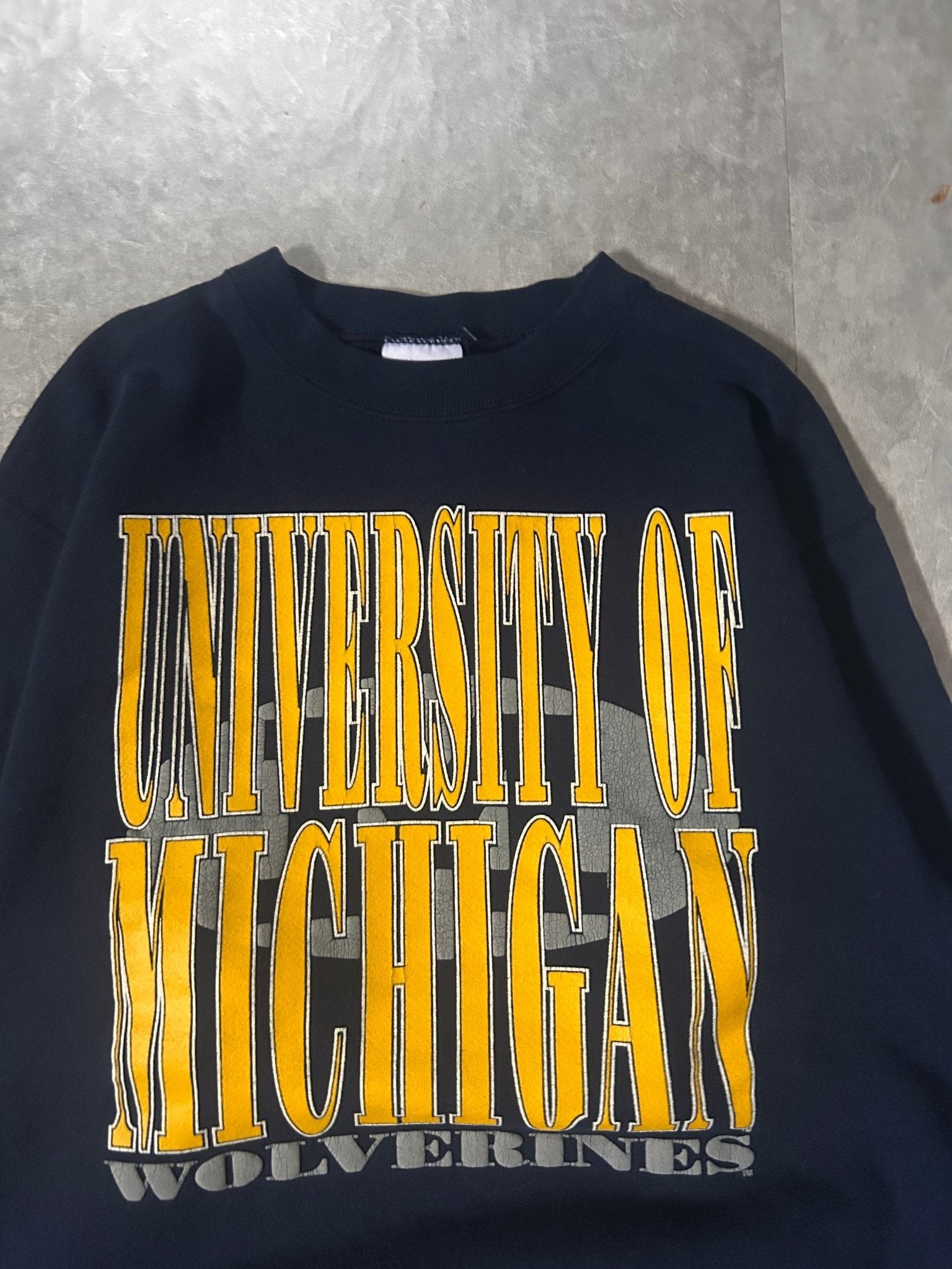 90's Vintage Michigan Wolverines Big Print Navy Crewneck - M - M | Martin City Vintage