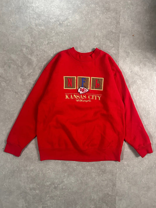 90's Vintage Kansas City Chiefs Embroidered Blocks Red Crewneck - M - M | Martin City Vintage