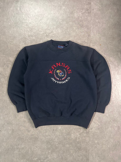 90's Vintage Kansas Jayhawks Embroidered Navy Crewneck - M - M | Martin City Vintage
