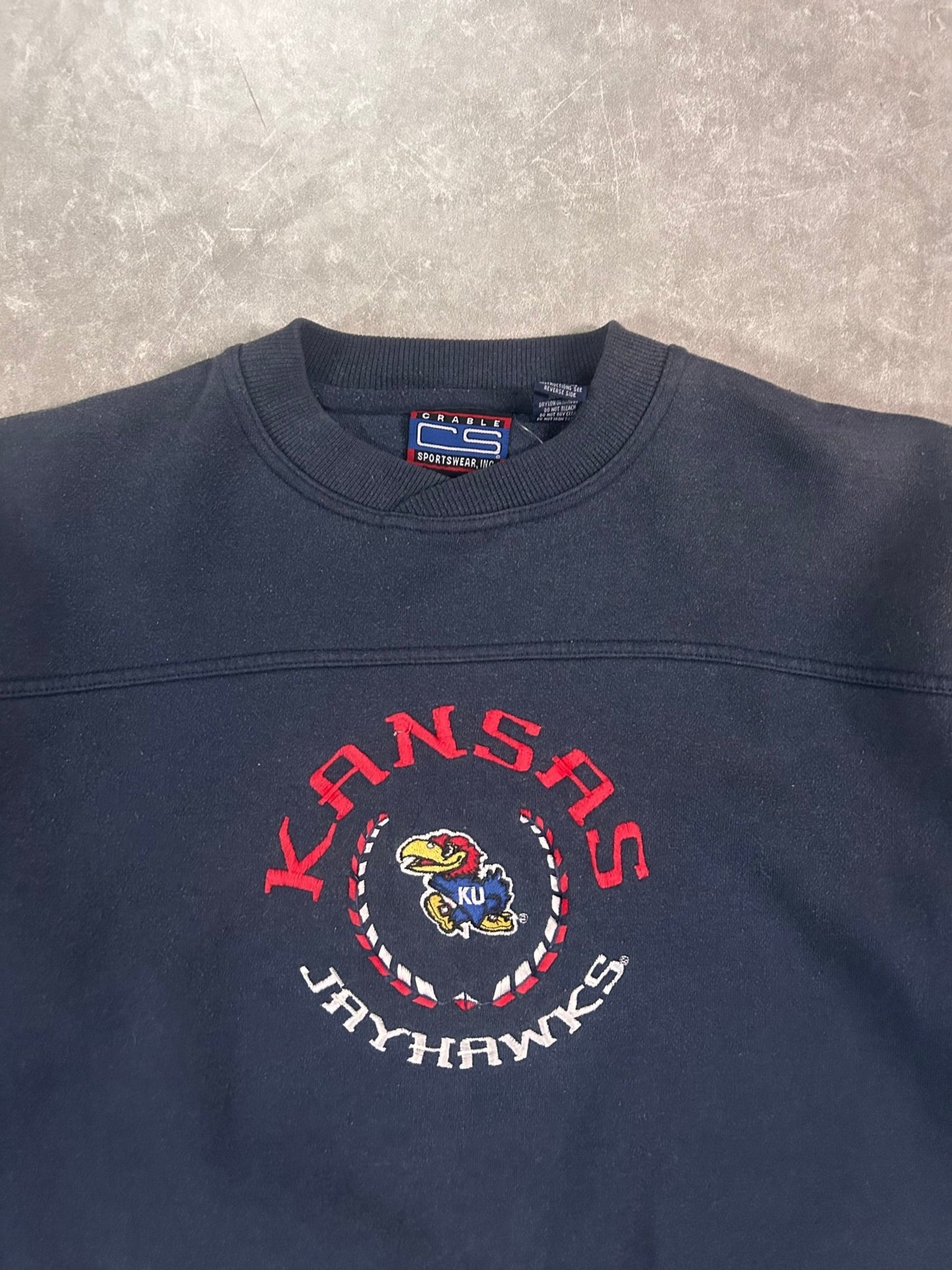 90's Vintage Kansas Jayhawks Embroidered Navy Crewneck - M - M | Martin City Vintage