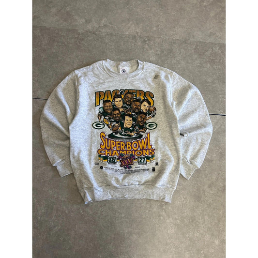 90s Vintage Green Bay Packers Caricature Super Bowl Heather Gray Crewneck Size L - | Martin City Vintage